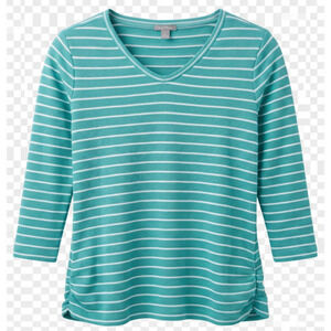 T by Talbots Women’s Small Aqua White Striped Top 3/4 Sleeve Cotton Blend Knit